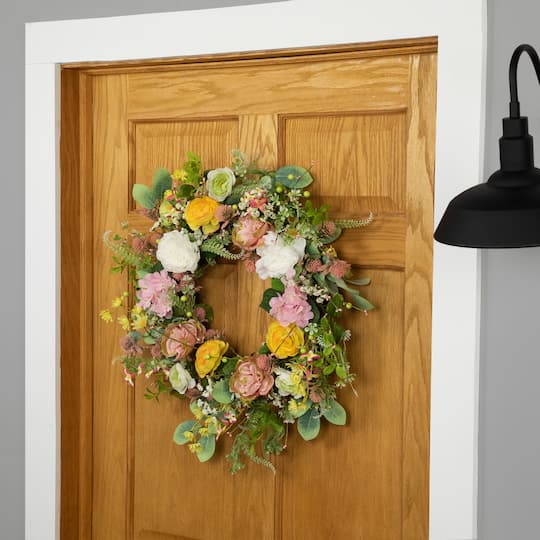 26" Pink & Yellow Rose & Hydrangea Floral Spring Wreath